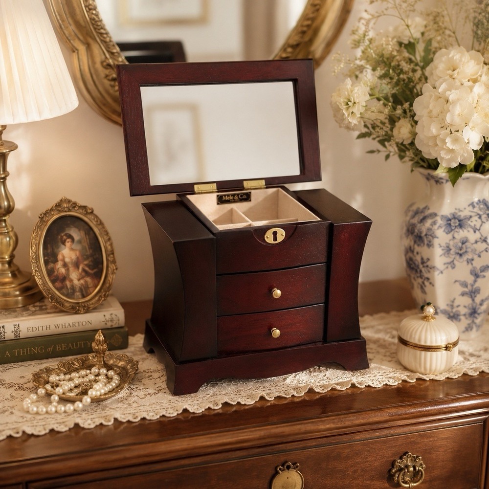 Vintage Mele Jewelry Box Cherry Wood Velvet Lined Quiet Luxury Grandmillennial